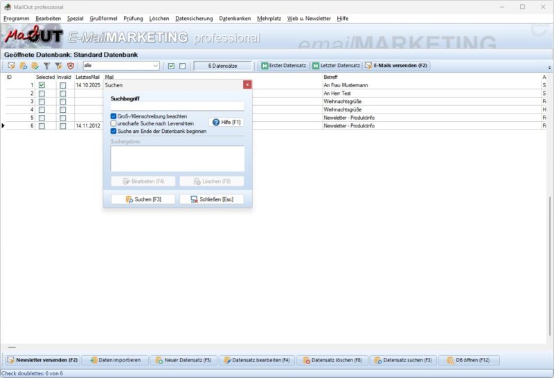 Empfänger per Filter auswählen und Versand protokollieren