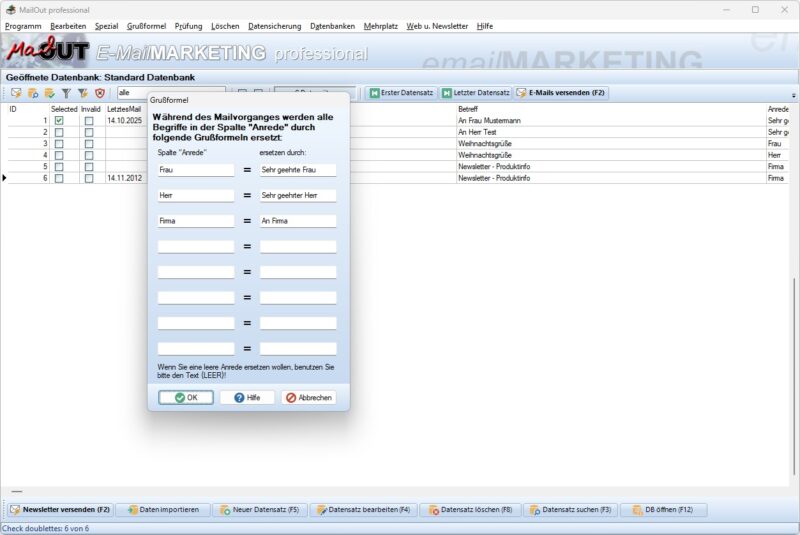 Persönliche Anrede mit Feldzuordnung und automatischer Grußformel